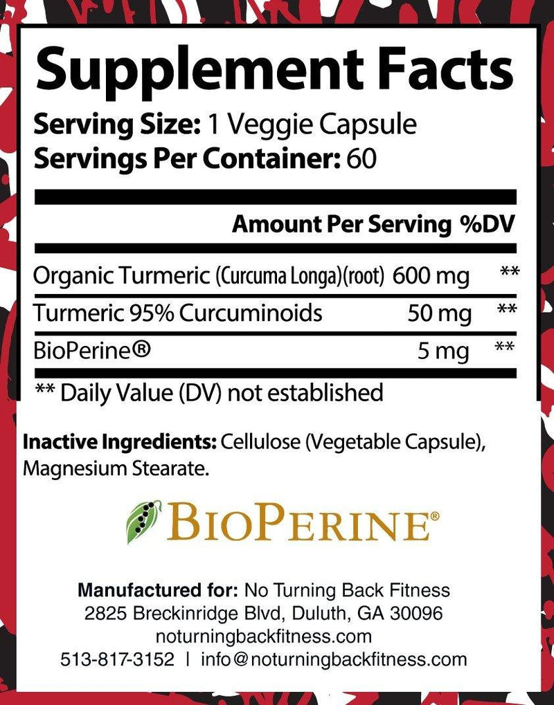 Organic Turmeric with Bioperine 650mg 60 Servings - No Turning Back Fitness